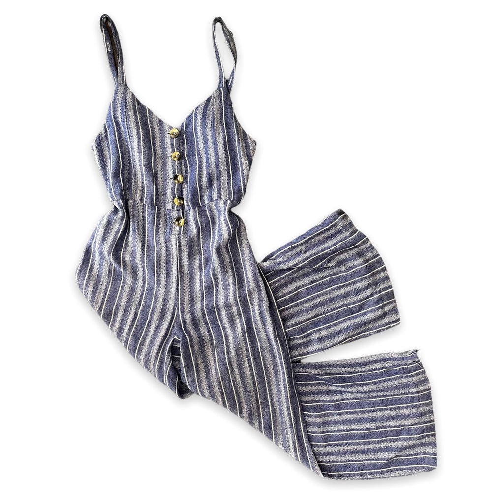 Blue Boho Striped Linen Jumpsuit - Picture 3 of 13